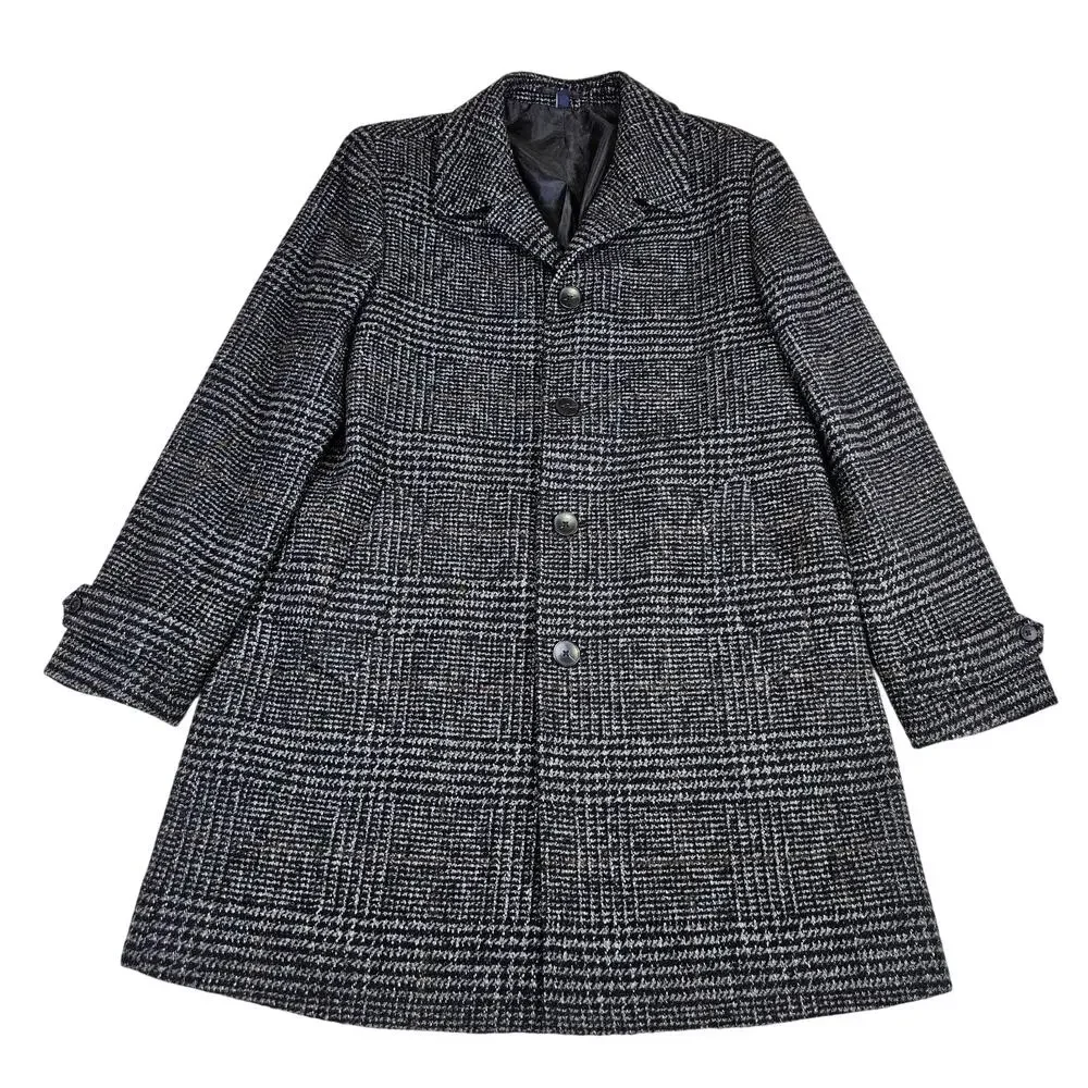 J.Crew Thompson Tweed Overcoat Men 40 Herringbone Plaid Wool Blend Black Heavy M